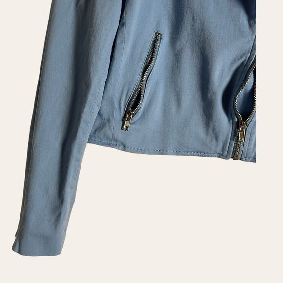 Color Me Courtney Dennis Blue Canvas Crop Biker Moto Jacket Size 4 - Picture 10 of 16